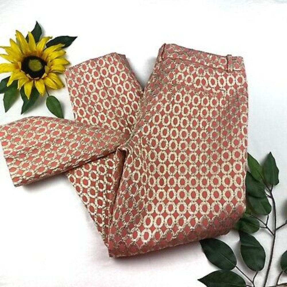 J.Crew Café Capri - Coral Gilded Dot Brocade Sz 10